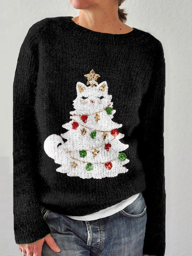 Cute Christmas Cat Tree Graphic Cozy Sweater elevenforest