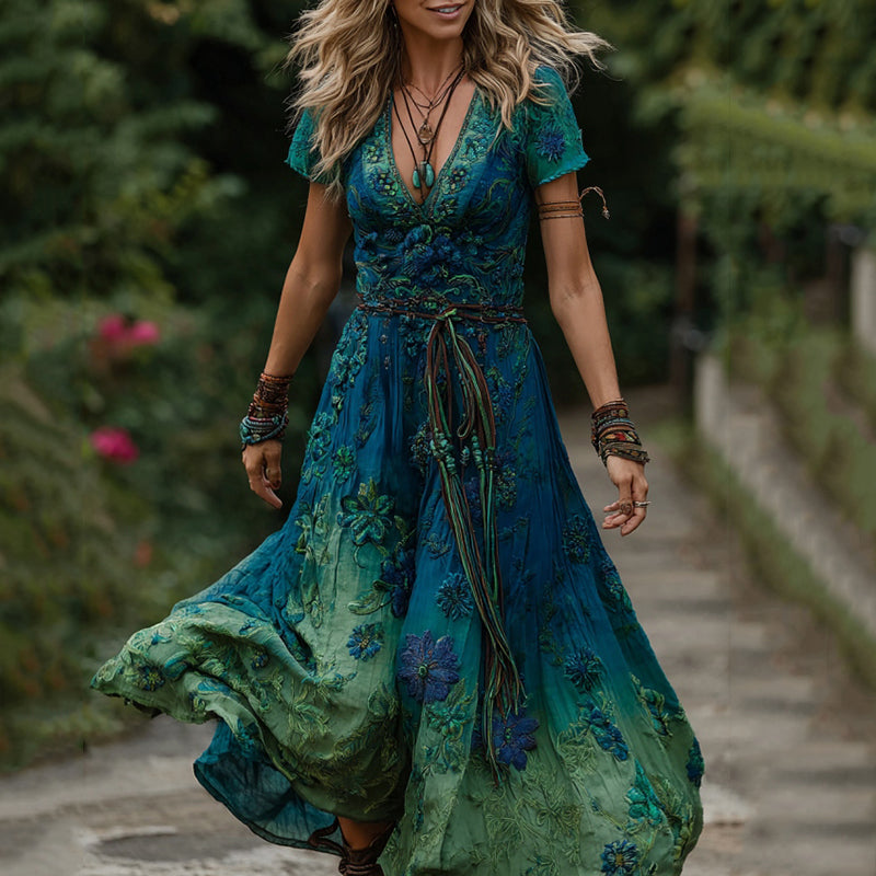 Vintage Gradient Blue Floral Embroidered Linen Maxi Dress elevenforest