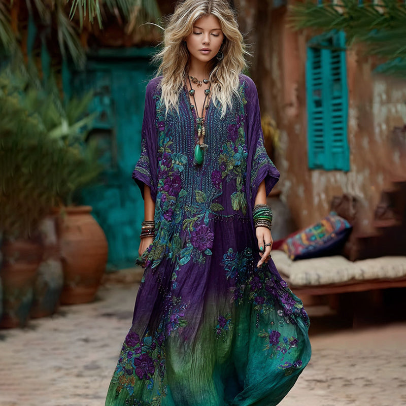Vintage Classy Gradient Purple Floral Embroidered Linen Maxi Dress elevenforest