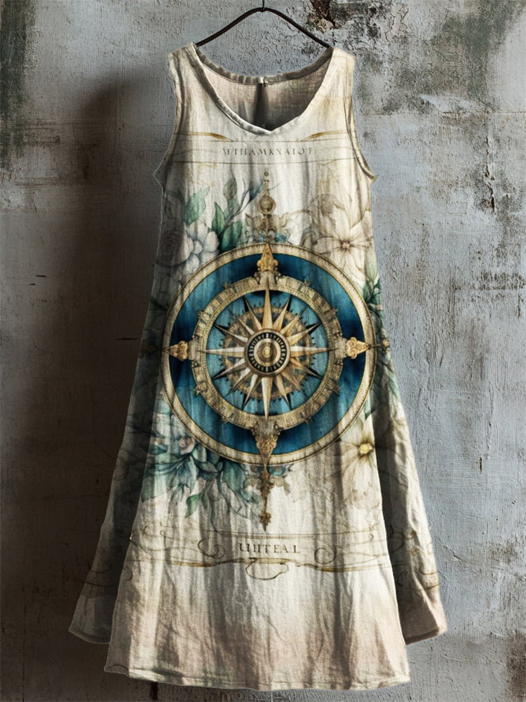 Vintage Navigation Floral Art Linen Dress elevenforest