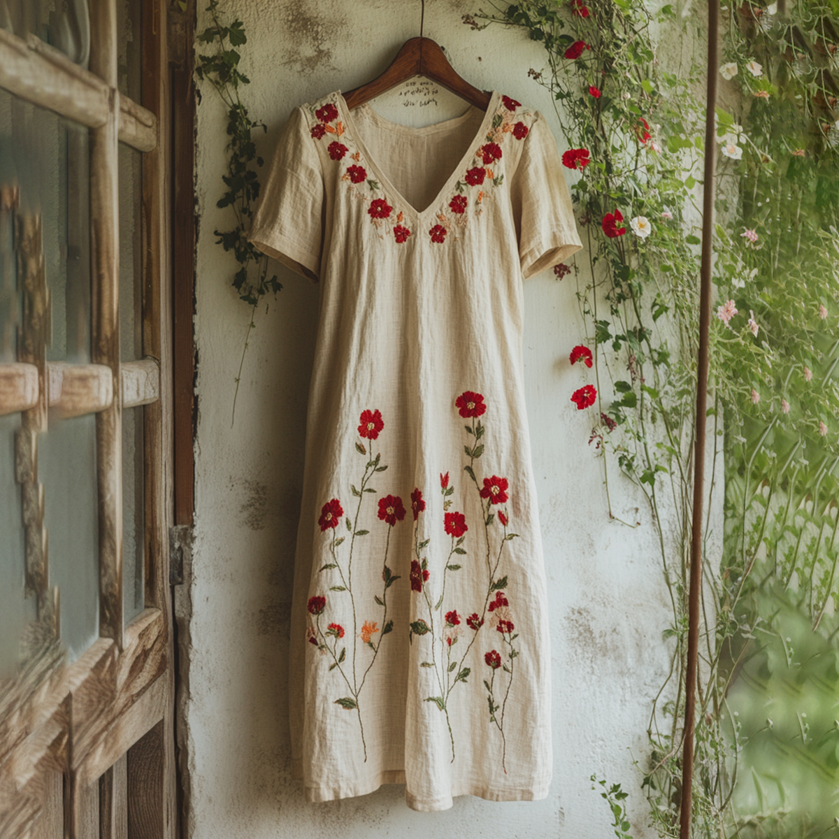 Women's Embroidered Flower V-neck Loose Linen Blend Midi Dress elevenforest
