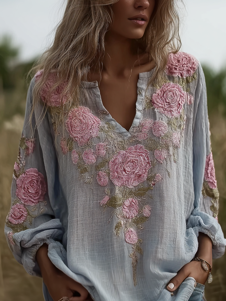 Bohemian Retro Countryside Plant Flower Pattern V-neck Top elevenforest