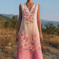 Elegant Pink Roses Embroidered Gradient Linen Maxi Dress elevenforest