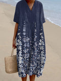 Vintage Floral Art Casual V Neck Midi Dress