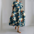 Japanese Art Floral Crane Printed Loose Midi Dress elevenforest