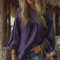 Women's Vintage Vacation Boho Tribal Ethnic Print Round-neck Linen Blend Tops elevenforest