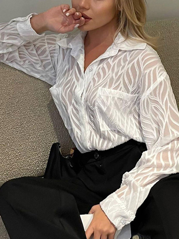 Long Sleeves Loose Buttoned Pockets See-through Color Split-joint Lapel Blouses&shirts Tops