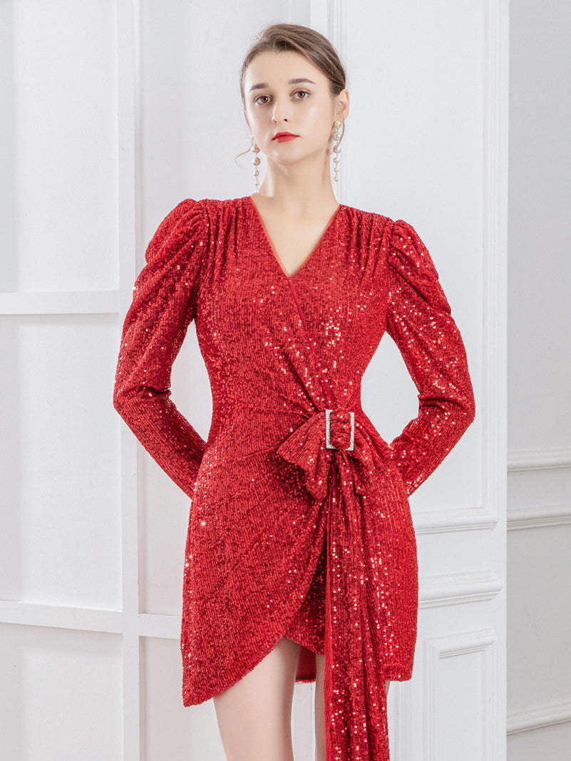 Sequin Mini Dress Surplice Tank Bow Faux Wrap Birthday Party Dresses