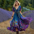 Vintage Purple And Blue Lavender Patchwork And Floral Embroidered Art Linen Maxi Dress elevenforest