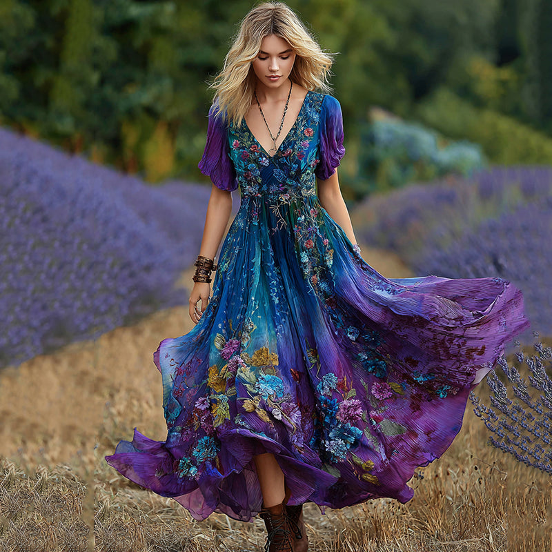 Vintage Purple And Blue Lavender Patchwork And Floral Embroidered Art Linen Maxi Dress elevenforest