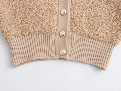 Fall Clothing Teddy Needle Fur Feeling V Neck Knitted Cardigan Coat