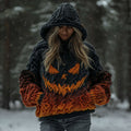 Women's Halloween Spooky Pumpkin Art Gradient Vintage Cozy Knit Hooded Sweater elevenforest