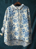 Elegant Ink Painting Flower Pavilion Printed Cotton And Linen Shirt