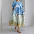 Japanese Art Flower Print Short Sleeve Loose Midi Dress elevenforest