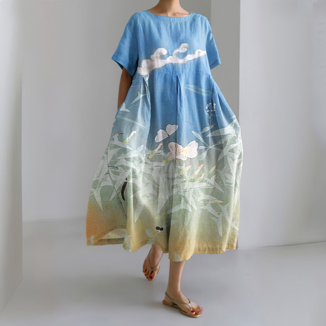 Japanese Art Flower Print Short Sleeve Loose Midi Dress elevenforest