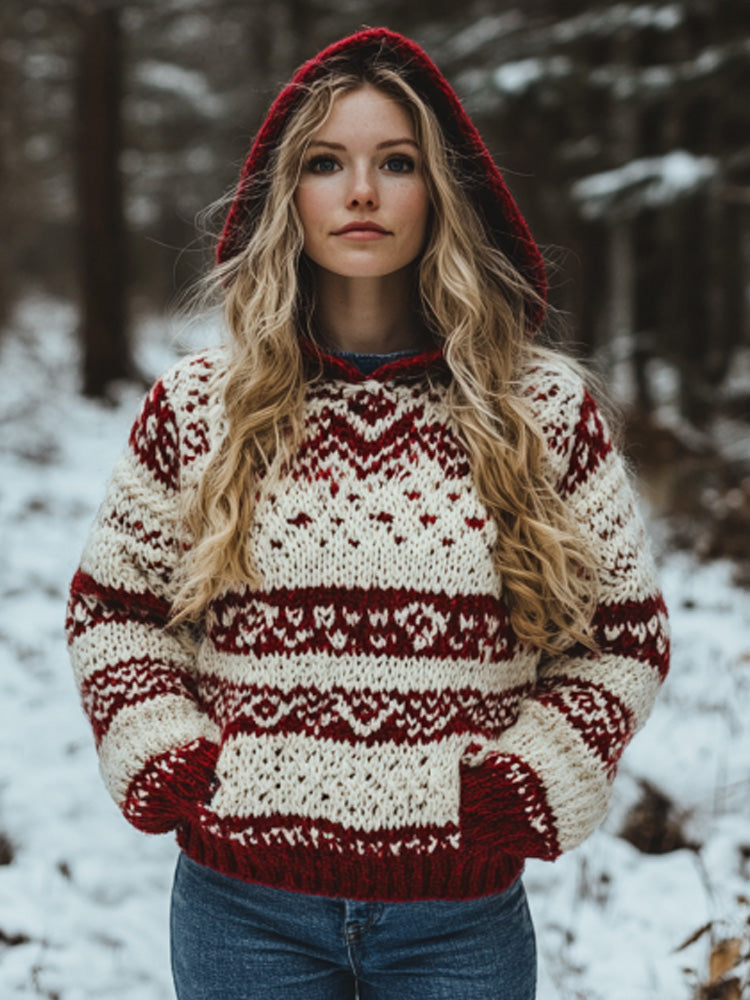 Women's Vintage Viking Valentine's Day Love Jacquard Hooded Sweater elevenforest