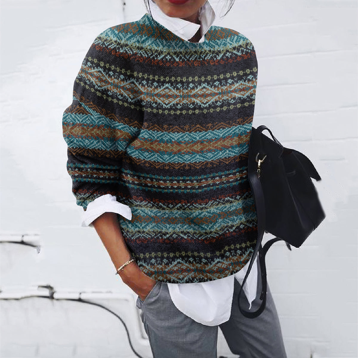 Vintage Fairman Island Snowflake Geometric Print Crew Neck Sweater elevenforest