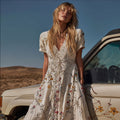 Bohemian-style Western Art Three-dimensional Embroidery Floral Beaded Embroidery V-neck Short-sleeved Long Dress elevenforest