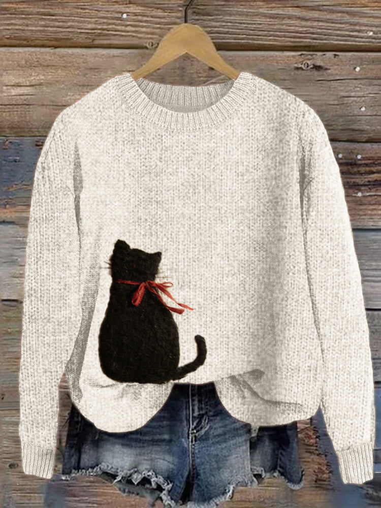 Black Cat With Bow Knot Back View Felt Cozy Sweater elevenforest