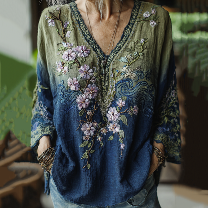 Classy Vintage Gradient Japanese Sakura Cherry Blossoms Embroidered Cotton And Linen Long Sleeve Shirt elevenforest