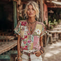 Women's Vintage Rose Floral Art Patchwork Comfy Shirt elevenforest