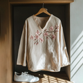 Boho Floral Cherry Embroidery Print Cotton And Linen Blend Loose Blouse elevenforest