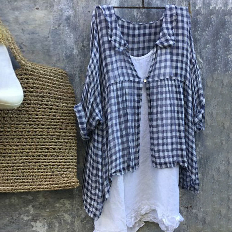 Vintage Plaid Cotton Linen Casual V Neck Shirt elevenforest