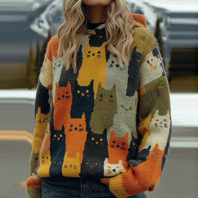 Comstylish Cute Colorful Cats Pattern Art Cozy Knit Hooded Sweater