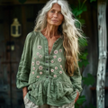 Bohemian Linen Floral Art Print Long Sleeve Loose  Shirt elevenforest