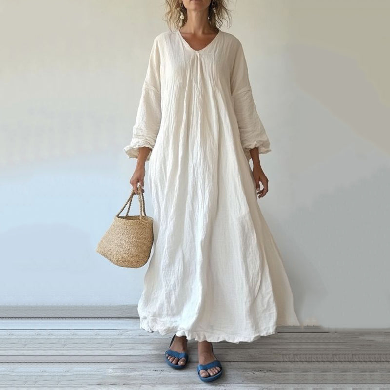 Vintage V Neck Cotton Linen Comfy Maxi Dress elevenforest