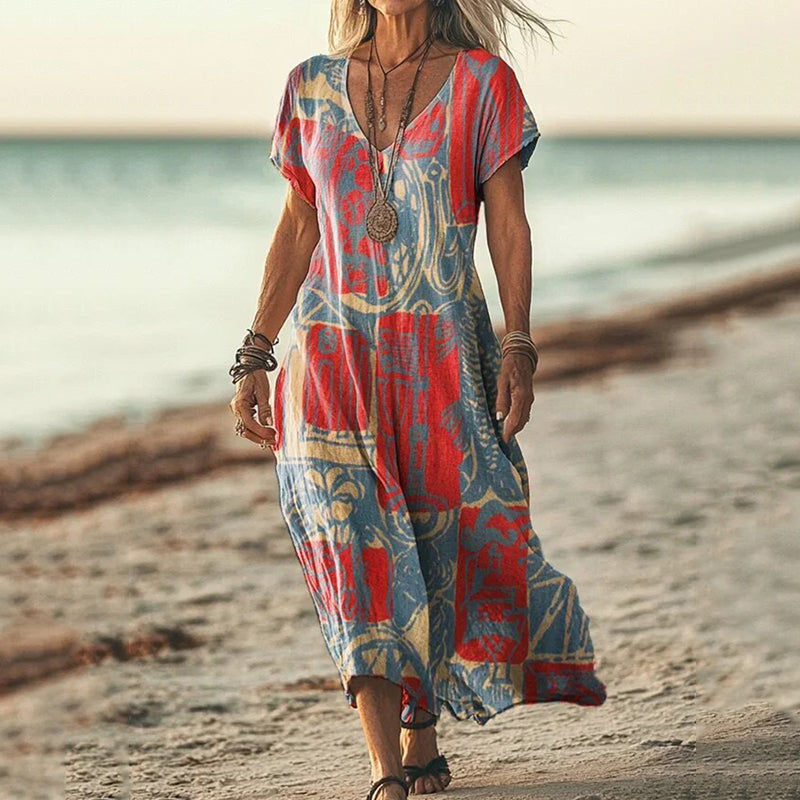 Women's Bohemian Ethnic Collage Art Casual Cotton And Linen Dress elevenforest
