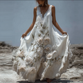 Bohemian Style 3d White Rose Embroidery Relief Female Retro Linen Dress elevenforest