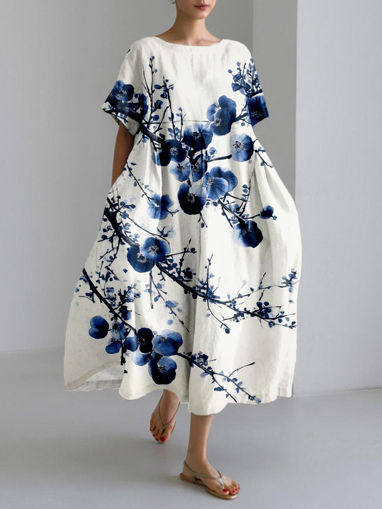 Blue Sakura Art Linen Blend Comfy Maxi Dress elevenforest