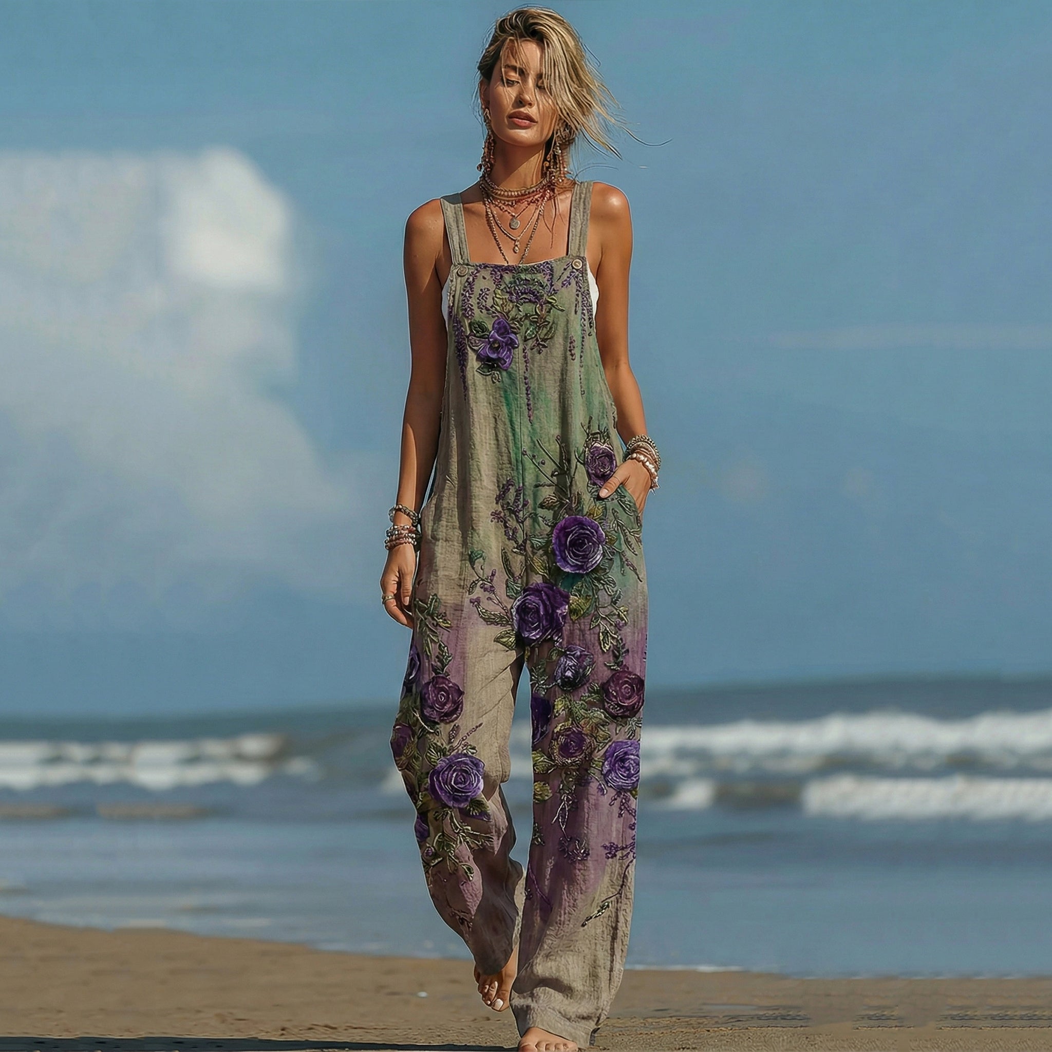 Boho Ethnic Embroidered Pattern  Floral Patchwork Linen Jumpsuit elevenforest