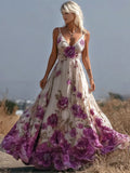 Boho Floral Embroidery Vintage Women's Linen Spaghetti Strap Maxi Dress elevenforest