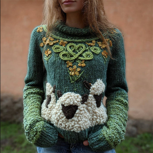 Comstylish Fuzzy Sheep Floral Vintage Celtic Cozy Knit Sweater