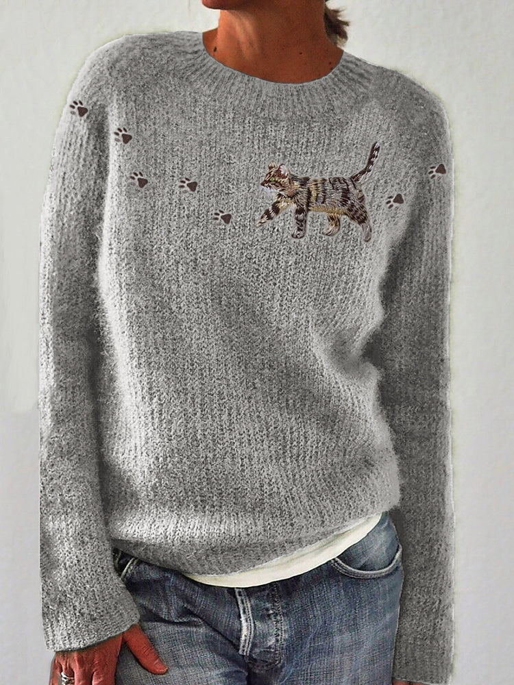 Cat & Paw Prints Yoke Embroidered Cozy Knit Sweater elevenforest