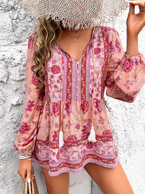 Long Sleeves Loose Buttoned Elasticity Flower Print Split-joint Tasseled V-neck Blouses&shirts Tops