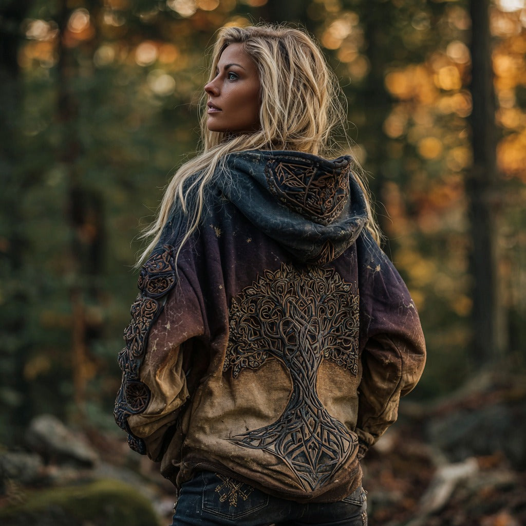 Women's Viking Tree Of Life Cozy Gradient Bohemian Hoodie elevenforest