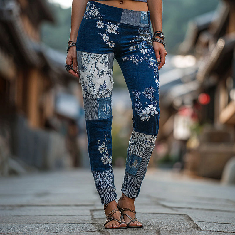 Women's Japanese-style Floral Art Pattern Casual Leggings elevenforest