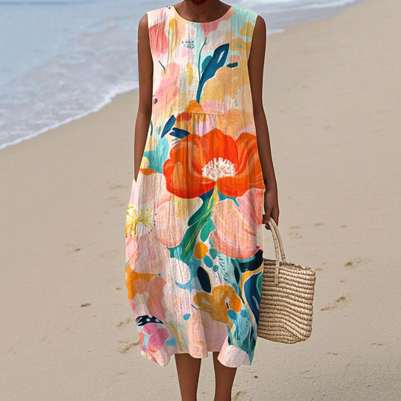 Comstylish Women's Vintage Floral Print Sleeveless Casual Cotton Dress