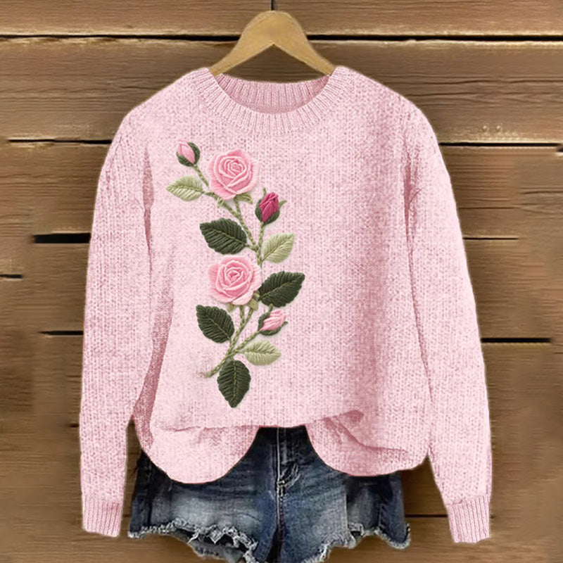 Women's Pink Floral & Ribbon Embroidered Knit Print Sweater elevenforest