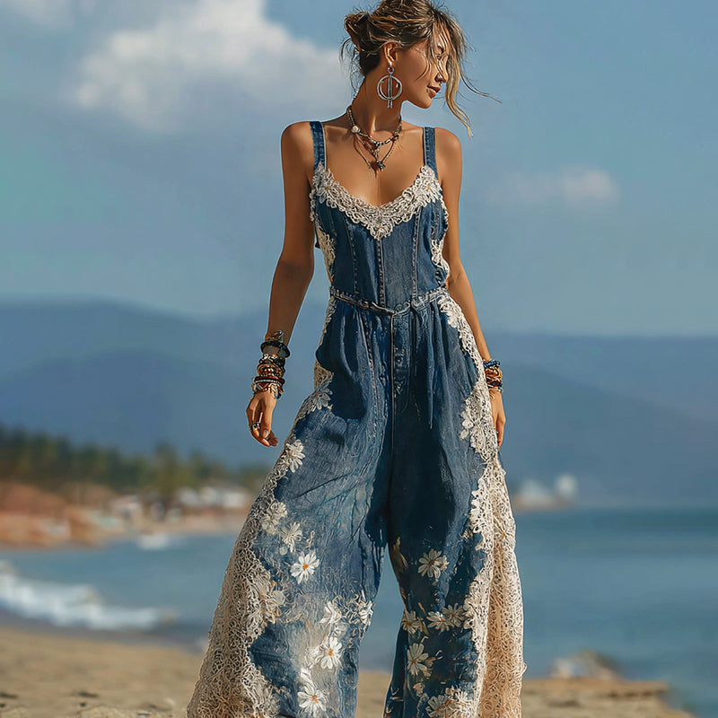Boho Daisy Lace Embroidered Pattern  Floral Patchwork Linen Jumpsuit elevenforest