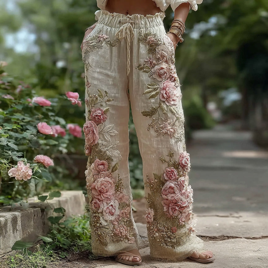Women's Retro Floral Embroidery Art Casual Linen Pants elevenforest