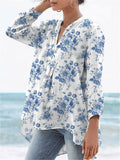Women's Vintage Lovely Floral Art Print Casual Linen V-neck Shirt