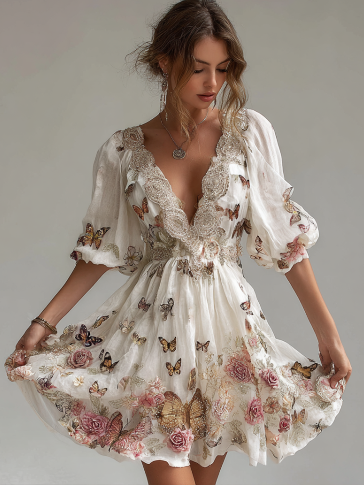 Bohemian Style Plant Flower And Butterfly Pattern Embroidery Women's Cotton And Linen Dress
