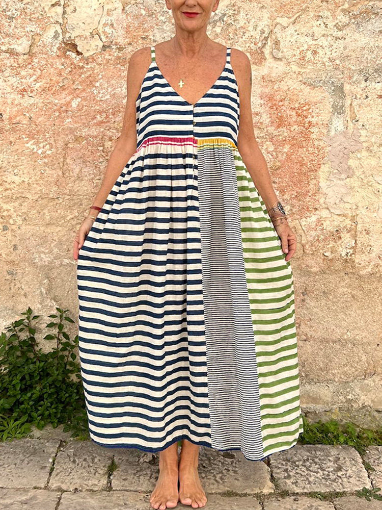 Contrast Color Striped Linen Blend Dress elevenforest
