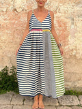 Contrast Color Striped Linen Blend Dress elevenforest