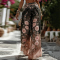 Women's Vintage Romantic Pink Rose Embroidery Art Comfy Linen Pants elevenforest