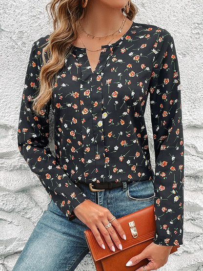 Long Sleeves Loose Flower Print Round-neck Blouses&shirts Tops